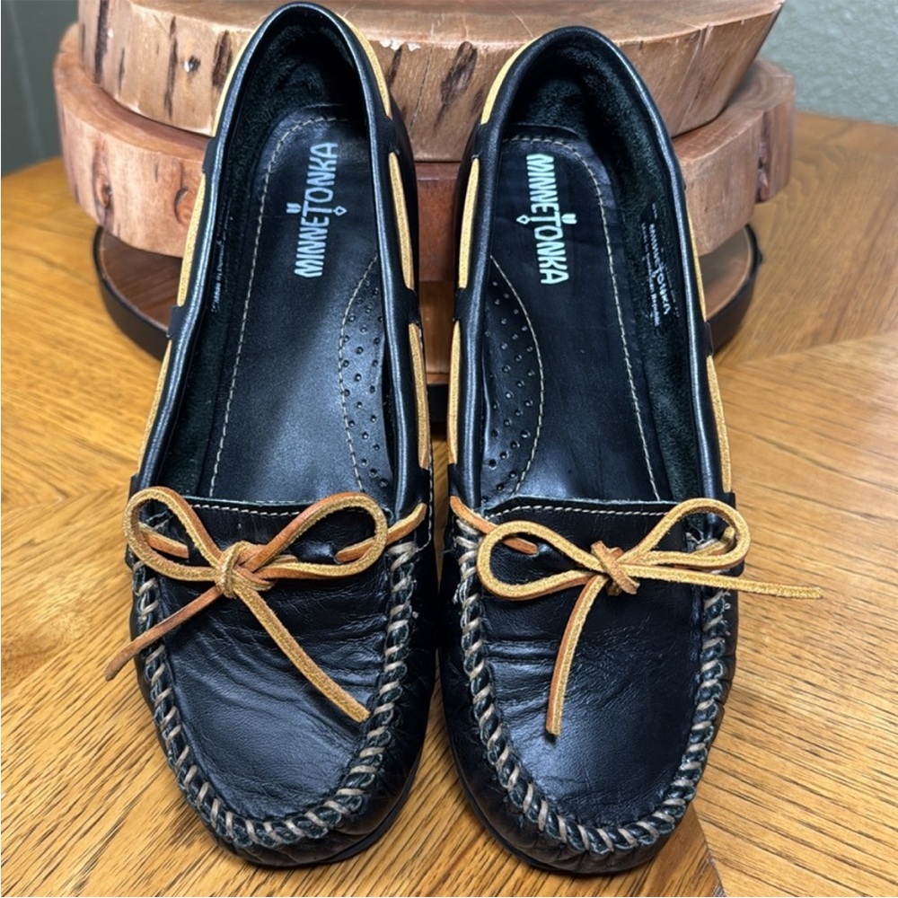 Minnetonka Black Leather Boat Moccasins with Tan Laces and Trim